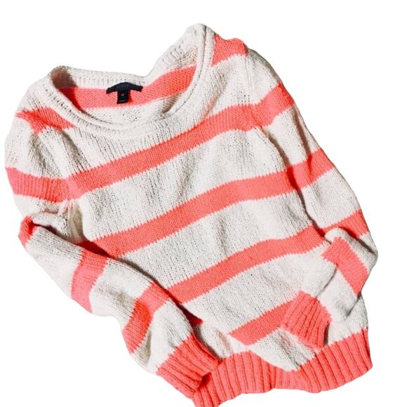 J Crew Neon Pink Orange Twist Stitch Open Neck Pullover Cream Stripe Sweater XS - Picture 5 of 7